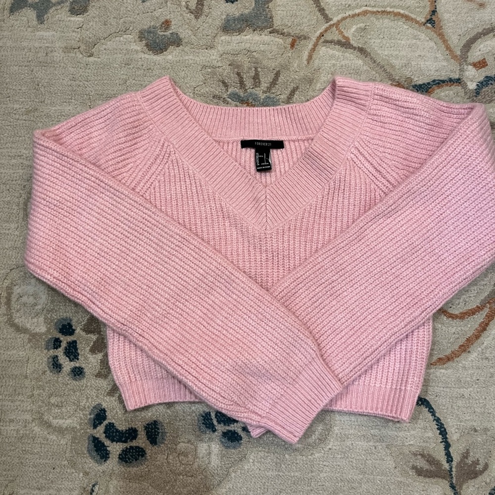 Pink V neck Cropped Sweater